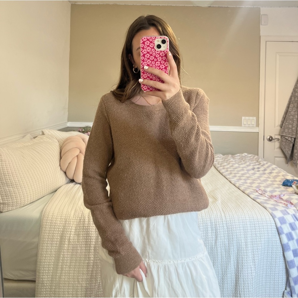Madewell Brown Crossover Waffle Knit Crewneck Woven Sweater Women’s Size Medium - Picture 2 of 11